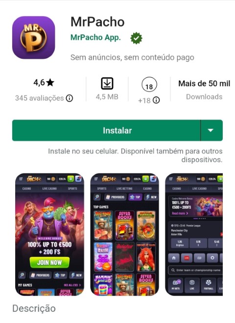 Instale o aplicativo Mr Pacho e receba bónus de boas-vindas até €500 mais 200 rodadas grátis