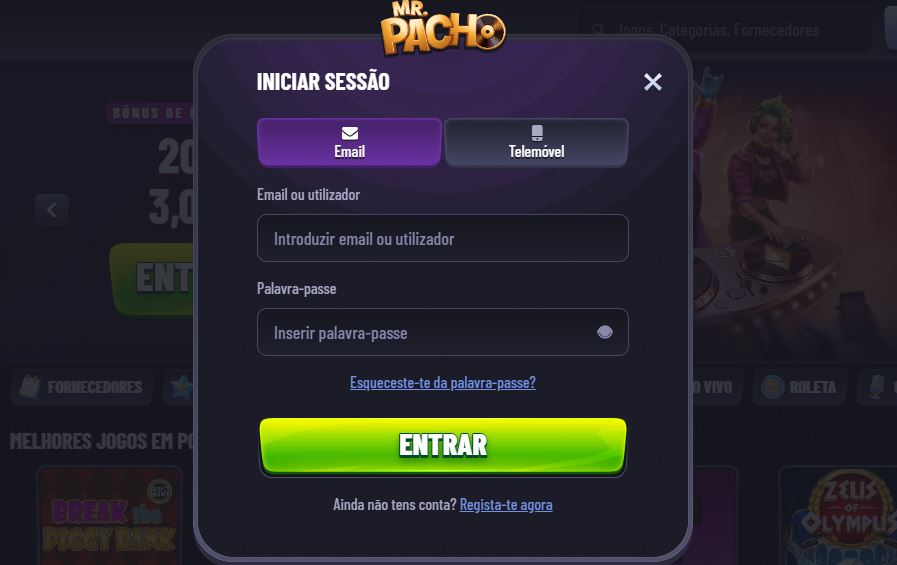 Inicie sessão no Mr Pacho Casino com e-mail ou nome de utilizador para aceder à sua conta