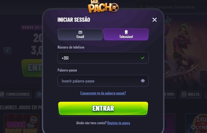 Use o número de telemóvel para entrar na sua conta no Mr Pacho Casino de forma rápida e segura