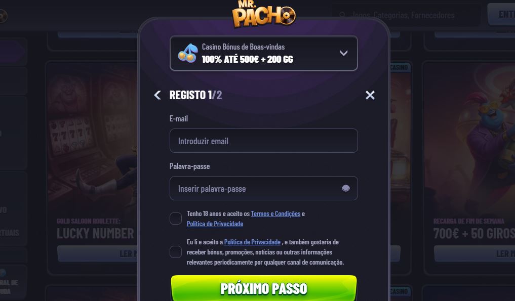 Junte-se ao Mr Pacho Casino, aceite os termos e condições e obtenha o bónus de boas-vindas de 100% até €500 mais 200 rodadas grátis