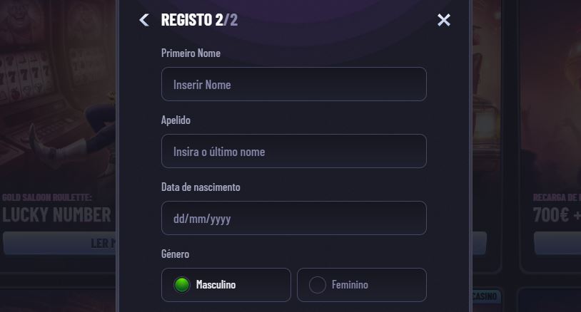 Complete o segundo passo do registo inserindo os seus dados pessoais para ativar a conta no casino